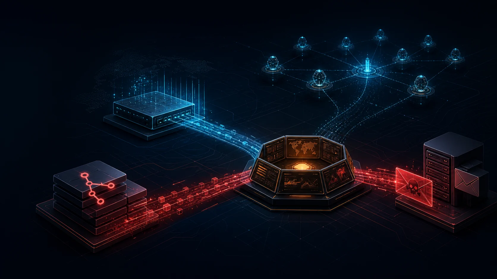 Dark cybersecurity operations map showing source control, a network gateway, and a mail server converging on an incident response console, with connected AI agents in the background