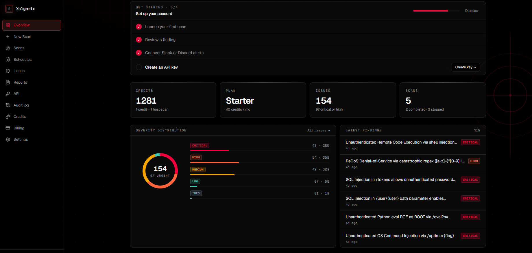 Xalgorix hosted organization dashboard showing account setup checklist, credits, plan, issue and scan counts, a severity-distribution donut, and latest findings